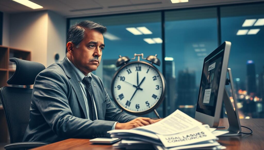 A concerned employer in a modern office setting, sitting at a desk piled with papers labeled "Payroll Issues" and "Legal Consequences." The foreground shows the employer, a middle-aged Hispanic man in professional business attire, with a worried expression as he gazes at a computer screen displaying alarming legal notices. In the middle ground, a large clock ticks ominously, emphasizing the urgency of the situation. In the background, a window overlooks a bustling cityscape, symbolizing the outside world's pressure and scrutiny. The overall lighting is bright yet tense, with harsh overhead lights casting sharp shadows, creating an atmosphere of anxiety and responsibility. The composition highlights the potential repercussions of neglecting employee benefits, capturing the weight of the employer's choices.
