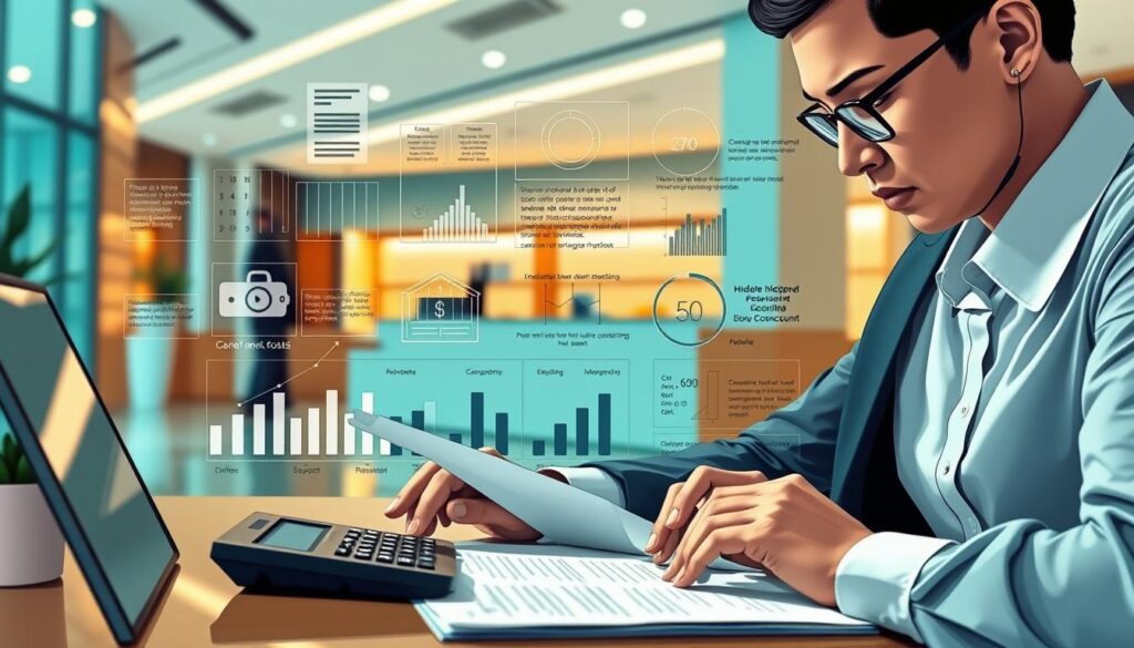 A detailed illustration capturing the concept of "hidden costs and commissions" associated with salary accounts in Peru. In the foreground, a close-up view of a professional person in business attire analyzing documents, with a calculator and a laptop in front, reflecting focus and contemplation. The middle ground features a graphical representation of various bank fees, such as bar charts or infographics, illustrating the hidden costs in a visually engaging way. In the background, a modern bank setting with subtle elements like financial brochures or a serene waiting area, lit with warm, soft lighting to evoke a sense of professionalism and trustworthiness. The mood is serious yet hopeful, suggesting the importance of understanding financial decisions.