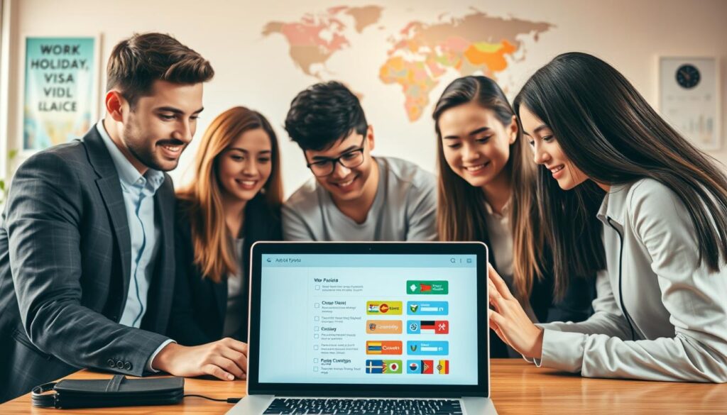 A detailed step-by-step guide to obtaining a Work and Holiday visa online, depicted in a visually engaging way. In the foreground, a diverse group of young professionals, dressed in smart casual attire, are gathered around a laptop, analyzing visa application steps with focused expressions. In the middle, a close-up of the laptop screen shows a user-friendly online application page, with checklists and colorful graphics representing different countries offering visas. In the background, a softly lit office space with motivational travel posters and a world map enhances the atmosphere of adventure and opportunity. The lighting is warm and inviting, creating a sense of optimism and excitement about travel and new experiences, captured with a slight depth of field to emphasize the subjects. A detailed step-by-step guide to obtaining a Work and Holiday visa online, depicted in a visually engaging way. In the foreground, a diverse group of young professionals, dressed in smart casual attire, are gathered around a laptop, analyzing visa application steps with focused expressions. In the middle, a close-up of the laptop screen shows a user-friendly online application page, with checklists and colorful graphics representing different countries offering visas. In the background, a softly lit office space with motivational travel posters and a world map enhances the atmosphere of adventure and opportunity. The lighting is warm and inviting, creating a sense of optimism and excitement about travel and new experiences, captured with a slight depth of field to emphasize the subjects.