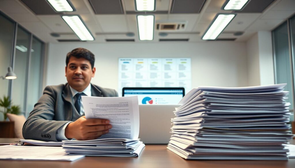 A focused scene depicting a worker in professional attire, sitting at a desk stacked with organized paperwork about labor rights in Peru. The foreground features a confident individual, with a serious expression, reviewing documents that symbolize labor rights, such as contracts and regulations. In the middle, a laptop displays charts related to worker benefits, illustrating the need for thorough documentation. The background shows a bright, modern office environment with soft lighting, creating a sense of professionalism and determination. The mood conveys empowerment and preparedness, emphasizing the worker's commitment to understanding their rights. The angle is slightly above eye level, capturing both the worker's concentration and the importance of the documents in front of them.