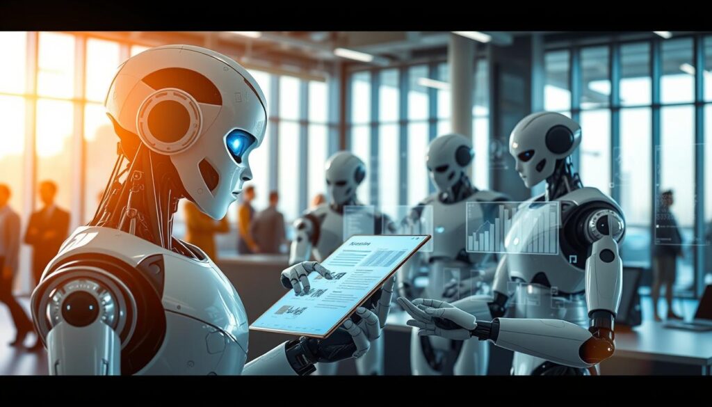 A futuristic recruitment scene featuring highly advanced AI robots strategically positioned in a modern corporate office environment. In the foreground, a sleek humanoid robot scans resumes displayed on a digital interface, its glowing eyes reflecting data analytics streams. In the middle ground, diverse robots collaborate, analyzing job applicants' profiles on holographic screens, showcasing advanced technology and innovative design. The background portrays a bustling office space with large glass windows, allowing warm, natural light to flood the area, creating a bright and optimistic atmosphere. The robots should embody a blend of professionalism and cutting-edge technology, reflecting the theme of AI-driven recruitment. The scene is captured from a slight low angle to emphasize the robots' authority and sophistication in the hiring process. A futuristic recruitment scene featuring highly advanced AI robots strategically positioned in a modern corporate office environment. In the foreground, a sleek humanoid robot scans resumes displayed on a digital interface, its glowing eyes reflecting data analytics streams. In the middle ground, diverse robots collaborate, analyzing job applicants' profiles on holographic screens, showcasing advanced technology and innovative design. The background portrays a bustling office space with large glass windows, allowing warm, natural light to flood the area, creating a bright and optimistic atmosphere. The robots should embody a blend of professionalism and cutting-edge technology, reflecting the theme of AI-driven recruitment. The scene is captured from a slight low angle to emphasize the robots' authority and sophistication in the hiring process.