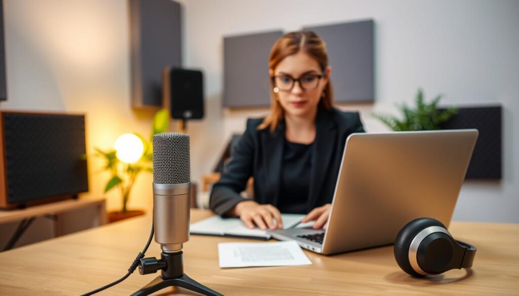 A modern, cozy home office setting, featuring a professional woman in a sleek business outfit, intently focused on a laptop during a Zoom interview. In the foreground, a high-quality microphone stands prominently on the desk. The middle ground showcases a well-organized workspace with acoustic panels on the walls and a stylish headset resting nearby, conveying an optimized audio environment. The background displays soft ambient lighting, with a plant for a touch of warmth. The camera angle is slightly above eye level, creating a sense of depth. A focused yet relaxed atmosphere is present, reflecting professionalism and the importance of audio quality during virtual interactions.