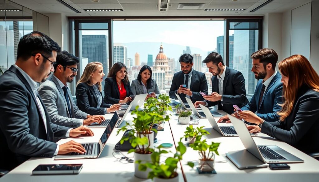 A modern fintech office environment depicting neobanks in Peru. In the foreground, a diverse group of professionals in business attire are engaged in a dynamic discussion around digital banking solutions, with laptops and smartphones displaying financial apps. The middle ground features sleek workstations adorned with greenery and futuristic tech gadgets, emphasizing innovation. The background showcases a large window with a view of Peru’s urban skyline, featuring both traditional and modern architecture. The lighting is bright and natural, creating a lively and optimistic atmosphere. The angle is slightly elevated, providing a comprehensive view of collaboration and digital finance in a contemporary setting.