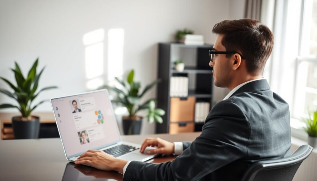 A modern home office setup featuring a professional job candidate attending a Zoom interview. In the foreground, a focused individual dressed in smart business attire, seated at a sleek desk with a laptop open, displaying the Zoom interface with various features highlighted, such as screen sharing and chat functions. In the middle, a partially visible engaging background with a potted plant and bookshelves, creating a polished yet comfortable atmosphere. The scene is illuminated by soft, natural light streaming in from a nearby window, enhancing a warm and inviting mood. The composition is shot from a slight angle, emphasizing the candidate's focused demeanor while maintaining a clear view of the Zoom functionalities on the screen.