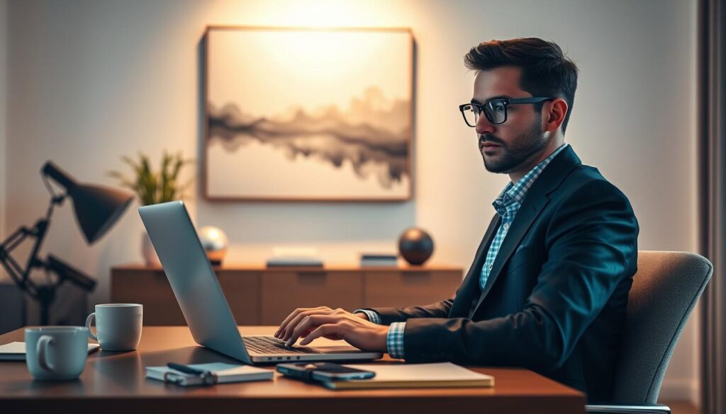 A professional Zoom job interview scene in a well-lit home office. In the foreground, a person in smart business attire sits at a desk, attentively engaging with their laptop screen, demonstrating focus and confidence. The middle ground features a modern workspace with a neatly organized desk, a notebook, a cup of coffee, and a smartphone showing a notification, symbolizing real-time problem-solving. In the background, a calming, abstract painting adds a touch of sophistication. The lighting is warm and inviting, illuminating the subject's face, emphasizing the importance of a supportive environment. The angle is slightly elevated, capturing both the individual’s expression and their professional setup, creating a mood of preparedness and professionalism.