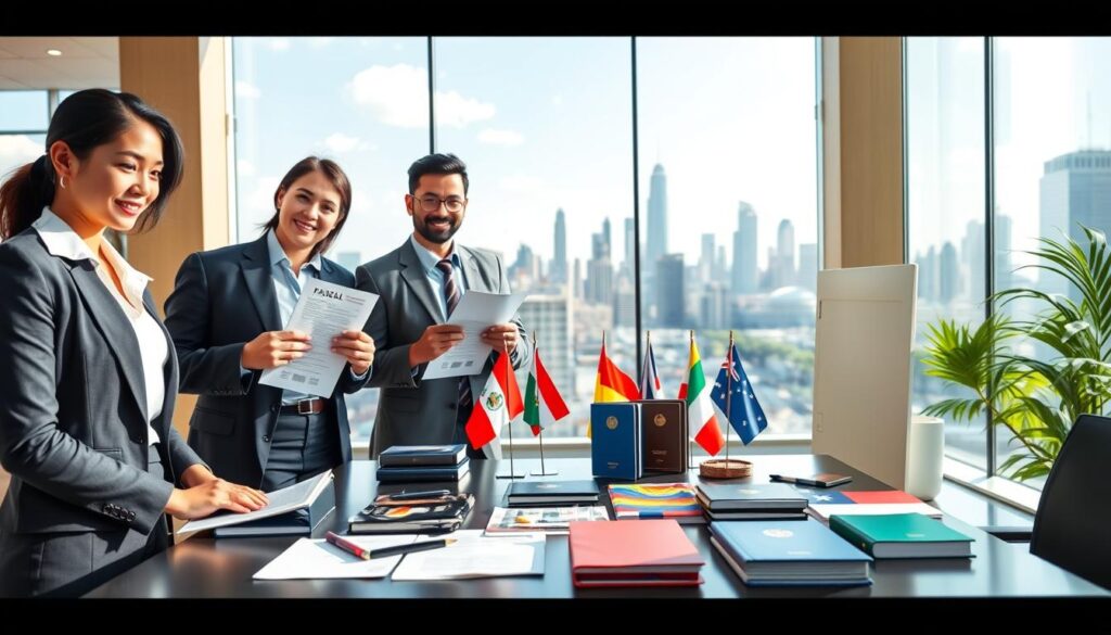 A professional and visually informative illustration depicting the general requirements for Peruvian citizens applying for work and holiday visas in 2026. The foreground features a diverse group of three individuals in professional business attire, each holding documents symbolizing visa application materials. The middle ground showcases a neatly arranged table filled with essential items like passports, travel guides, and colorful flags representing various countries. In the background, a soft-focus view of a modern cityscape suggests international travel and opportunities. The scene is brightly lit to create an optimistic atmosphere, with natural light streaming in, giving an inviting and hopeful mood. Use a wide-angle lens to capture the entire setup, ensuring clarity and detail without any text or overlays. A professional and visually informative illustration depicting the general requirements for Peruvian citizens applying for work and holiday visas in 2026. The foreground features a diverse group of three individuals in professional business attire, each holding documents symbolizing visa application materials. The middle ground showcases a neatly arranged table filled with essential items like passports, travel guides, and colorful flags representing various countries. In the background, a soft-focus view of a modern cityscape suggests international travel and opportunities. The scene is brightly lit to create an optimistic atmosphere, with natural light streaming in, giving an inviting and hopeful mood. Use a wide-angle lens to capture the entire setup, ensuring clarity and detail without any text or overlays.