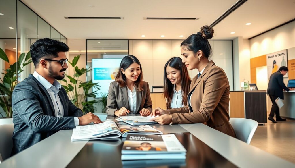 A professional business setting illustrating the process of opening a salary account in Peru. In the foreground, a diverse group of three individuals, a man and two women, dressed in smart casual attire, are discussing and reviewing documents at a sleek, modern table with banking brochures spread out. In the middle, a bright and inviting bank office environment, featuring glass partitions, lush indoor plants, and digital displays showcasing account benefits. In the background, a friendly bank representative is engaging with a customer at a service counter. The lighting is warm and natural, creating an approachable atmosphere, with soft shadows enhancing the professionalism of the scene. The angle is slightly tilted to capture both the interaction at the table and the ambiance of the bank office.