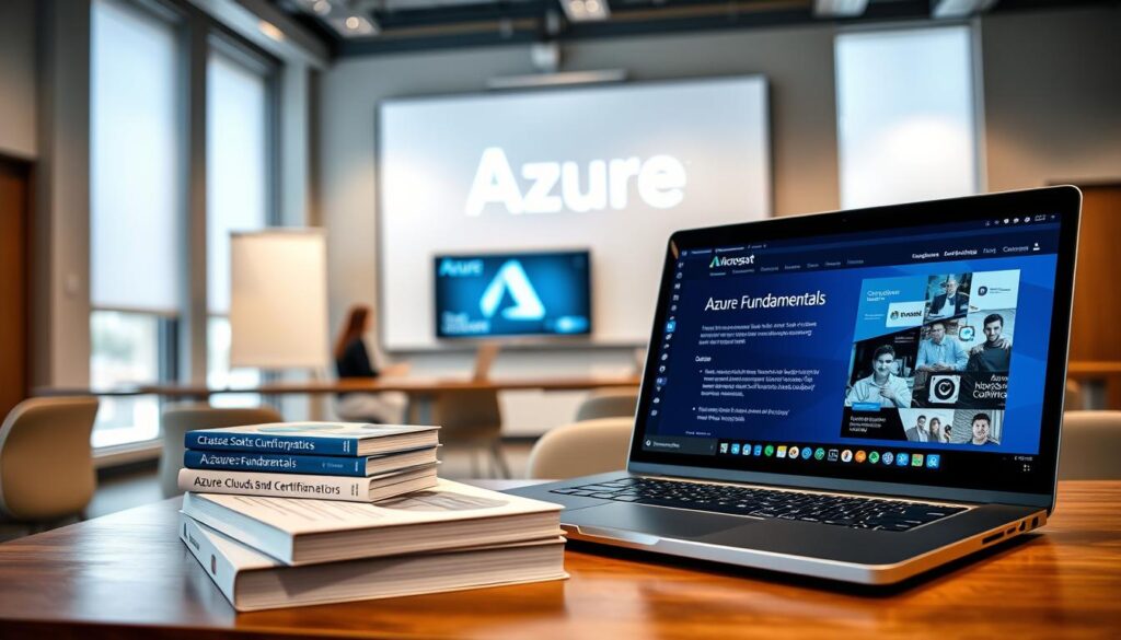 A professional learning environment showcasing the Azure Fundamentals course by Microsoft. In the foreground, a sleek laptop open to the Azure dashboard, with a detailed course outline visible on the screen. Beside it, a neatly arranged stack of textbooks on cloud computing and certifications. In the middle ground, a large digital display showing the Azure logo and interactive educational content. The background features a modern classroom setting with a whiteboard and soft lighting highlighting the technological ambiance. The atmosphere is focused and motivational, with a sense of professional development and growth. The composition utilizes a wide-angle lens for depth, ensuring clarity in all elements, with natural light filtering through large windows.