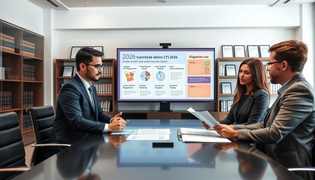 A professional office setting showcasing the process of "trámites de retiro CTS" for 2026. In the foreground, a diverse group of three individuals dressed in professional business attire are engaged in a meeting around a sleek conference table, examining documents related to eligibility requirements. The middle ground features a large screen displaying infographics and key points about updated regulations in an engaging design. In the background, shelves lined with legal books and certificates enhance the academic atmosphere. The lighting is soft yet bright, creating a warm, inviting mood. The angle focuses on the group’s interaction, capturing facial expressions of concentration and collaboration, while ensuring no text, logos, or branding are visible within the image.