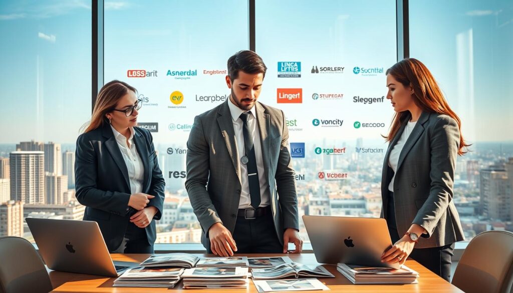 A professional setting in Lima showcasing a diverse group of individuals evaluating employment agencies in the construction sector. In the foreground, a man and a woman in smart business attire are discussing over a table filled with brochures and laptops, highlighting agency selections. In the middle, a glass wall displays logos of various employment agencies, creating a colorful backdrop. The background features a city skyline of Lima, with modern buildings and a clear blue sky, suggesting a vibrant work environment. Soft, natural lighting filters through the glass, enhancing the focus on the business discussion. The overall mood is dynamic and professional, illustrating the decisive process of selecting the ideal employment agency.