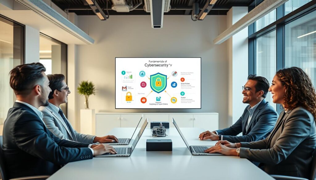 A professional setting showcasing a cybersecurity training session by Google. In the foreground, a diverse group of four adults, dressed in smart business attire, sitting around a modern conference table, engaged in an interactive discussion about cybersecurity concepts, with laptops open in front of them. In the middle ground, a large screen displays a vibrant infographic titled "Fundamentals of Cybersecurity," featuring elements like shields, locks, and network diagrams. The background includes a sleek, tech-inspired office with minimalistic decor, emphasizing a sense of innovation and learning. Soft, natural lighting filters through large windows, creating a warm, focused atmosphere ideal for education and collaboration. Use a wide-angle lens to capture the dynamic engagement of the participants.