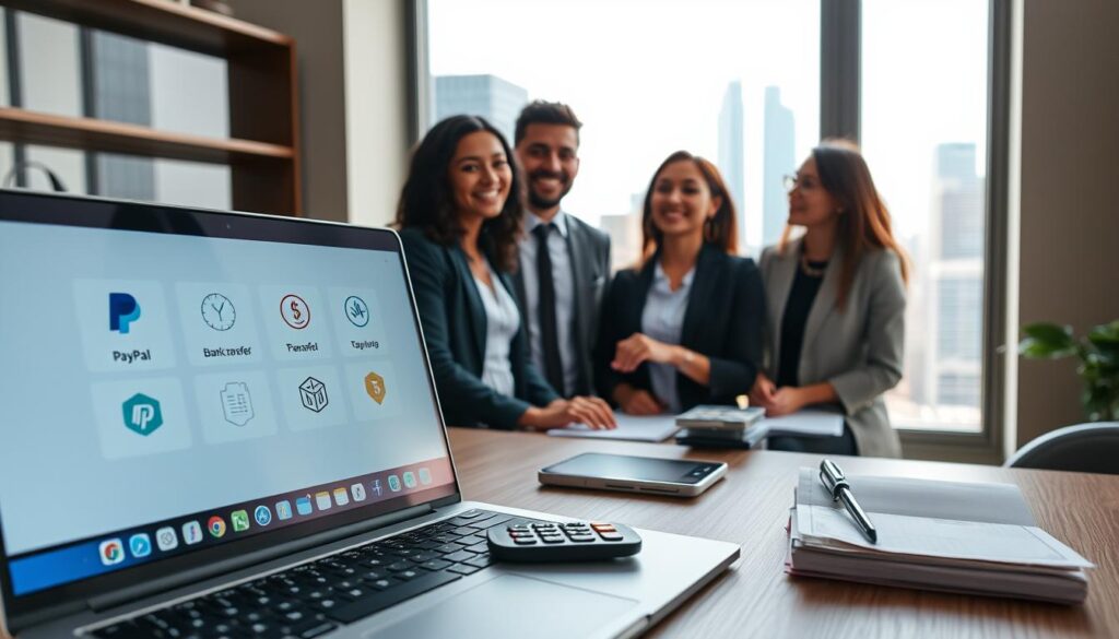 A professional workspace illustrating methods of payment for remote work, featuring a stylish desk setup. In the foreground, a modern laptop displays icons for various payment methods like PayPal, bank transfer, and cryptocurrency. A stack of dollar bills and a calculator are present next to a notepad with payment tracking notes. In the middle, a diverse group of three professionals dressed in smart casual attire discuss the payment options, displaying friendly expressions and engaged body language. In the background, a bright window reveals a view of a bustling city skyline, creating a sense of connectivity. The scene is well-lit with natural light, creating an optimistic and productive atmosphere, captured from a slight angle to enhance depth.