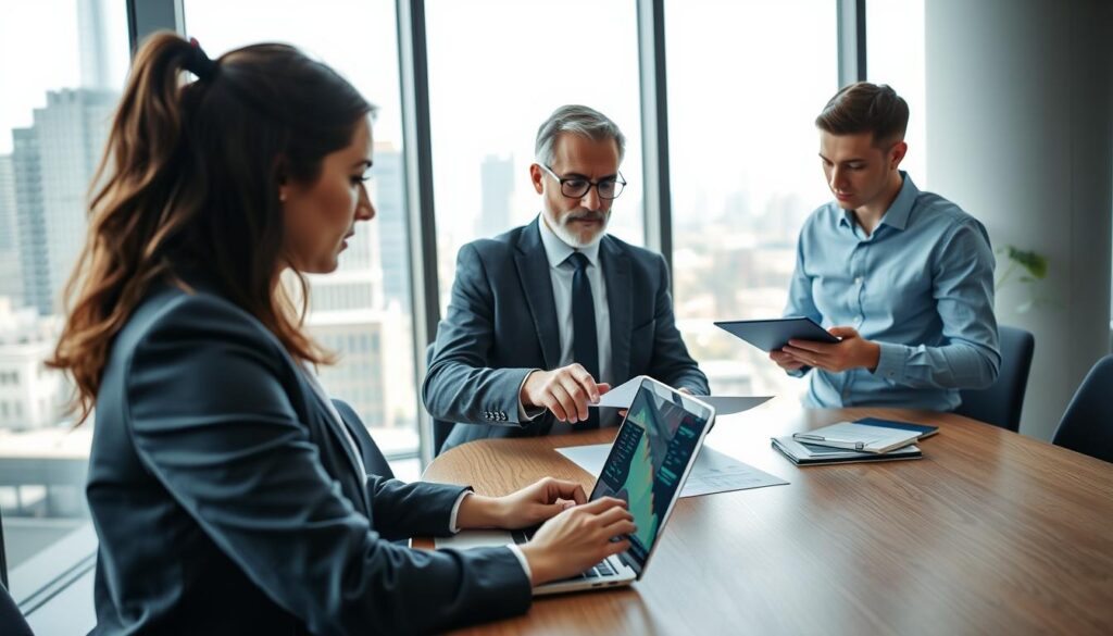 A serene office environment showcasing three individuals engaged in discussions about ATS strategies for specific industries: a technology consultant, a healthcare recruiter, and a finance analyst. The foreground features the technology consultant, a young woman in professional attire, using a laptop, with graphs and code on the screen. In the middle, the healthcare recruiter, a middle-aged man in a smart suit, points to a document on the table, while the finance analyst, a young man in a crisp shirt, takes notes. The background shows a large window with city views, allowing natural light to illuminate the space. The mood is collaborative and focused, emphasizing professionalism and strategic thinking, ideal for an article about optimizing profiles for ATS systems. A serene office environment showcasing three individuals engaged in discussions about ATS strategies for specific industries: a technology consultant, a healthcare recruiter, and a finance analyst. The foreground features the technology consultant, a young woman in professional attire, using a laptop, with graphs and code on the screen. In the middle, the healthcare recruiter, a middle-aged man in a smart suit, points to a document on the table, while the finance analyst, a young man in a crisp shirt, takes notes. The background shows a large window with city views, allowing natural light to illuminate the space. The mood is collaborative and focused, emphasizing professionalism and strategic thinking, ideal for an article about optimizing profiles for ATS systems.