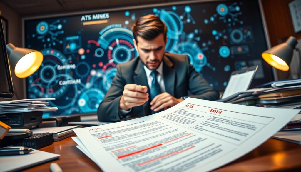 A stylized composition depicting a cluttered desk in an office environment. In the foreground, a professional-looking CV lies prominently, partially covered with red marks indicating errors such as spelling mistakes, improper formatting, and an unprofessional design. In the middle, a concerned individual in business attire examines their CV, with an expressive face conveying frustration and determination. In the background, a digital screen displays abstract patterns representing ATS algorithms, with visual elements suggesting filtering and sorting. The lighting is warm and focused on the CV, creating an intense yet hopeful atmosphere, suggesting that the individual is about to make crucial improvements. The angle is slightly overhead, offering a comprehensive view of the scene. A stylized composition depicting a cluttered desk in an office environment. In the foreground, a professional-looking CV lies prominently, partially covered with red marks indicating errors such as spelling mistakes, improper formatting, and an unprofessional design. In the middle, a concerned individual in business attire examines their CV, with an expressive face conveying frustration and determination. In the background, a digital screen displays abstract patterns representing ATS algorithms, with visual elements suggesting filtering and sorting. The lighting is warm and focused on the CV, creating an intense yet hopeful atmosphere, suggesting that the individual is about to make crucial improvements. The angle is slightly overhead, offering a comprehensive view of the scene.