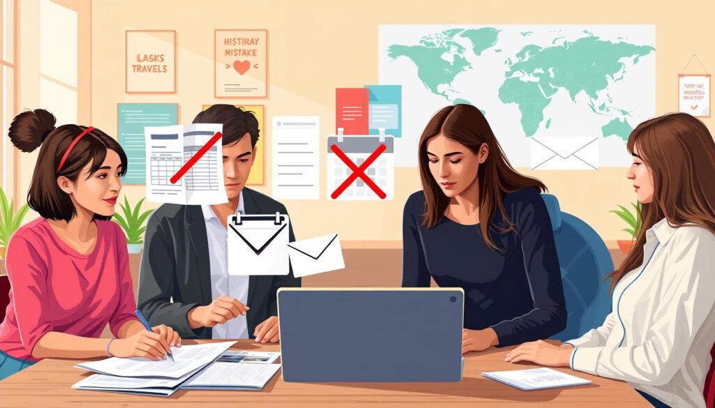 A vibrant and informative illustration depicting common mistakes in the Work and Holiday visa application process. In the foreground, a diverse group of four young adults, dressed in smart casual attire, are gathered around a table, deep in discussion over a variety of documents and a laptop showing a visa application website. In the middle layer, visual representations of common errors like a red cross over an incorrect document, a calendar highlighting missed deadlines, and an envelope labeled "Application Rejected." The background features a bright office environment with motivational posters and a world map, symbolizing global travel opportunities. Soft, natural lighting enhances a collaborative atmosphere, with a warm, encouraging mood that emphasizes teamwork and learning from mistakes. A vibrant and informative illustration depicting common mistakes in the Work and Holiday visa application process. In the foreground, a diverse group of four young adults, dressed in smart casual attire, are gathered around a table, deep in discussion over a variety of documents and a laptop showing a visa application website. In the middle layer, visual representations of common errors like a red cross over an incorrect document, a calendar highlighting missed deadlines, and an envelope labeled "Application Rejected." The background features a bright office environment with motivational posters and a world map, symbolizing global travel opportunities. Soft, natural lighting enhances a collaborative atmosphere, with a warm, encouraging mood that emphasizes teamwork and learning from mistakes.