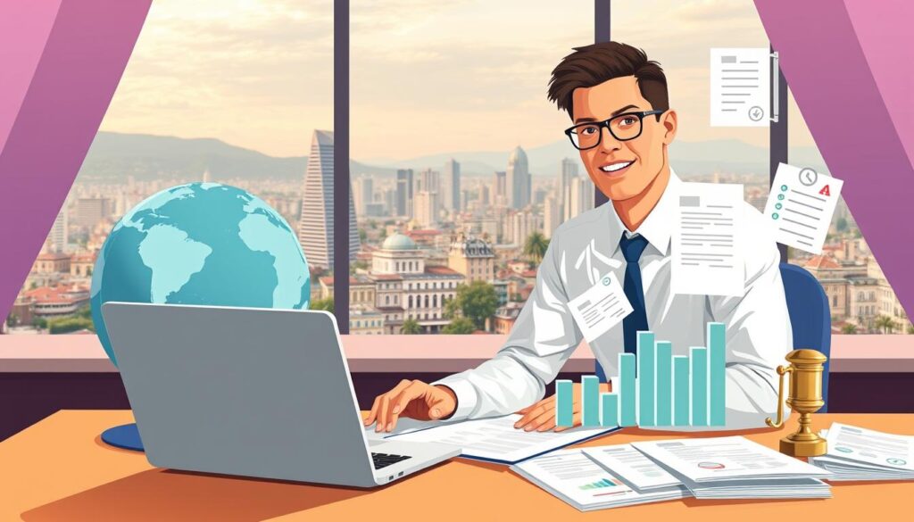 A vibrant and informative illustration focusing on international payment obligations and tax responsibilities in Peru. In the foreground, depict a professional, business-attired individual sitting at a modern desk, surrounded by documents and a laptop featuring financial graphs. In the middle ground, include symbolic elements like a globe representing international transactions and graphical icons of currency, tax forms, and legal documents. The background should showcase a panoramic view of a Peruvian city skyline, hinting at remote work opportunities. Soft lighting creates a warm atmosphere, highlighting the importance of compliance and legal awareness. The composition should evoke a sense of professionalism and clarity, ideal for a business article.