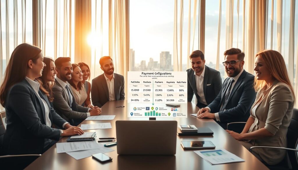 A visually captivating workspace scene depicting a professional setting focused on international payments. In the foreground, a diverse group of business professionals, dressed in smart casual attire, are gathered around a modern conference table, enthusiastically discussing payment configurations. In the middle, a laptop displays a detailed chart illustrating various methods of receiving payments overseas, while documents and a smartphone lie scattered on the table. The background features a large window showcasing a vibrant city skyline, illuminated by soft, warm daylight filtering through sheer curtains, creating a welcoming and optimistic atmosphere. The image should evoke a sense of collaboration and success, with a balanced composition and focus on the professionals engaged in meaningful dialogue.