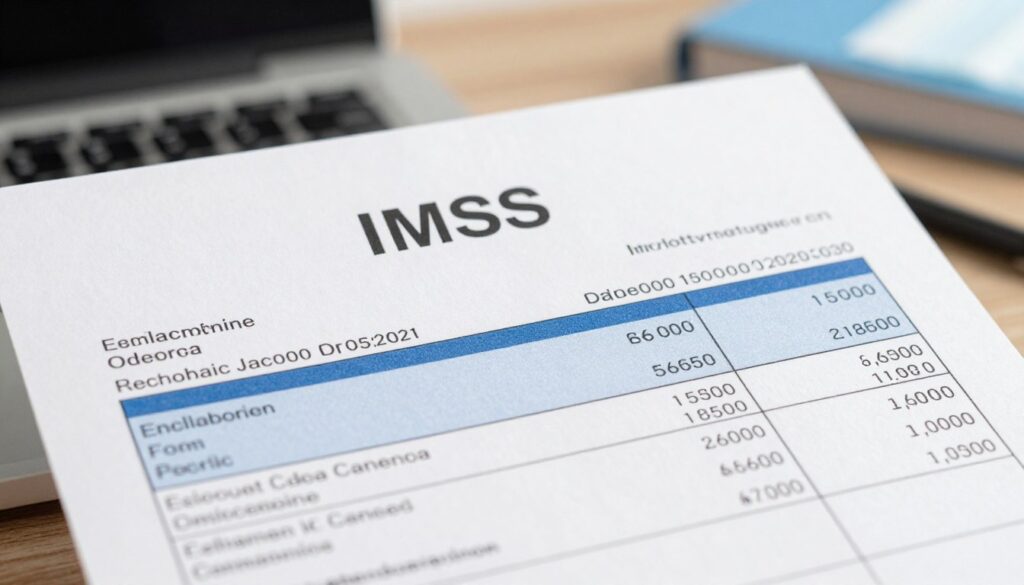 A close-up view of an official IMSS payroll receipt header, featuring detailed sections for identification and payment context. The foreground includes crisp, well-organized text elements such as employee name, identification number, and payment period, all formatted clearly. The middle layer displays a clean, professional layout, with visible currency figures and taxable amounts, accentuating the key details. In the background, a soft-focus office setting creates a professional atmosphere, with natural lighting that highlights the receipt's clarity and importance. Use a slight downward angle to focus on the receipt while hinting at an office desk adorned with a few office supplies. The mood is serious yet informative, evoking a sense of clarity in financial understanding.