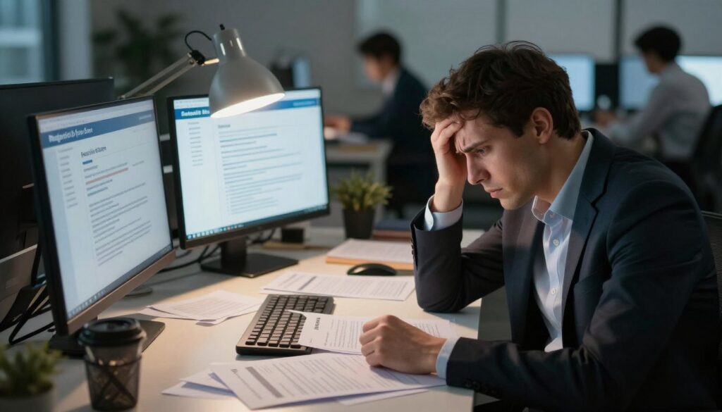 A focused and dramatic scene depicting a frustrated professional sitting at a modern desk, surrounded by a chaotic array of rejected resumes and digital screens showcasing error messages from an ATS (Applicant Tracking System). The foreground features a close-up of the person’s face, reflecting concern and confusion, dressed in professional business attire. In the middle, the cluttered desk is highlighted with a powerful beam of soft, warm lighting from a desk lamp, casting shadows and emphasizing the disarray. The background reveals a blurred office environment with hints of other professionals working diligently. The atmosphere is tense, conveying the critical nature of avoiding common CV errors that lead to automatic rejections. The overall composition aims to evoke a sense of urgency and professionalism.