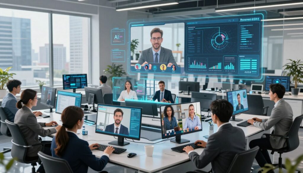 A futuristic and vibrant office setting depicting virtual recruitment trends in 2026. In the foreground, a diverse group of professionals in business attire are engaged in a high-tech video conference, showcasing a seamless blend of digital interfaces and holographic displays. The middle ground features sleek AI-driven recruitment tools and data visualizations projected in 3D, illustrating analytics trends. The background includes a modern cityscape visible through large windows, bathed in natural light to create a bright and optimistic atmosphere. Use a wide-angle lens for a dynamic perspective that emphasizes collaboration and innovation. The overall mood is energetic and forward-thinking, highlighting the evolution of recruitment in the digital age.