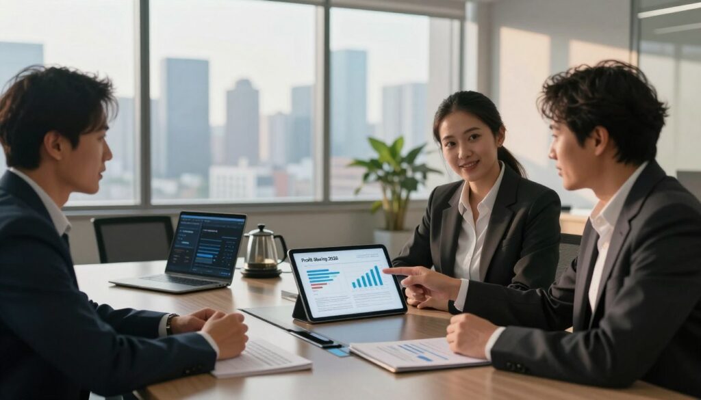 A modern office environment with a professional meeting taking place. In the foreground, a diverse group of three business professionals—two men and one woman—are engaged in a dynamic discussion, all dressed in professional business attire. The woman is pointing at a digital tablet displaying graphs and charts labeled “Profit Sharing 2026.” In the middle, a sleek conference table is adorned with digital devices, a coffee pot, and documents on maximizing profit sharing strategies. The background features large windows with a city skyline view, letting in warm daylight that casts soft shadows. The atmosphere is focused and optimistic, symbolizing collaboration and strategic planning. Use soft lighting to create a professional yet inviting mood, emphasizing clarity and teamwork.
