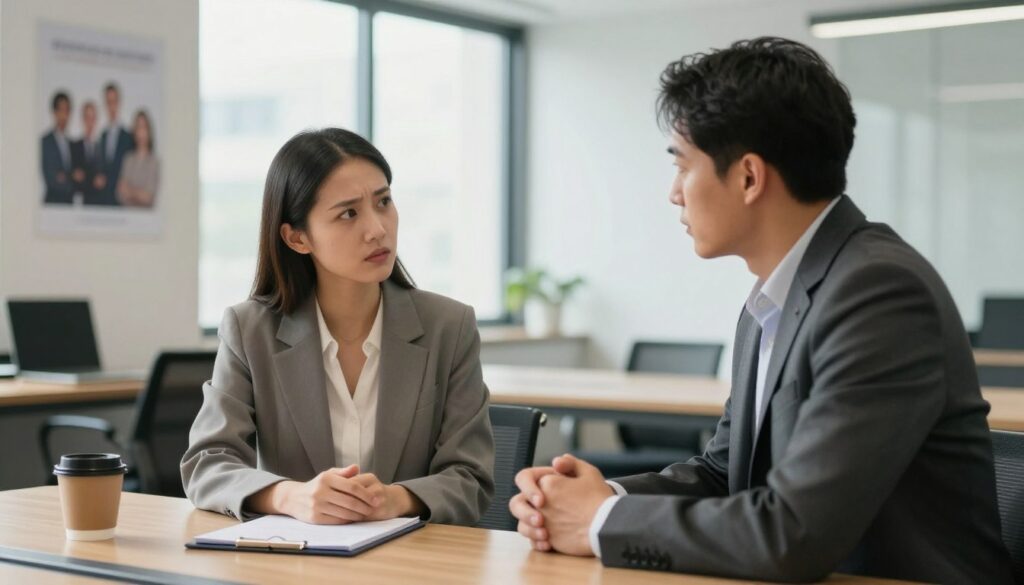 A professional office setting, featuring two colleagues engaged in a serious discussion to resolve a conflict. In the foreground, a woman in a crisp blazer and a man in a tailored suit are facing each other, demonstrating effective communication, with concerned yet focused expressions. On the desk between them, a notepad and coffee cups hint at an informal atmosphere. The middle ground shows a modern conference room with a large window, allowing natural light to flood in, creating a warm and open space. In the background, a motivational poster about teamwork subtly emphasizes collaboration. The mood is tense yet constructive, capturing the essence of conflict resolution with a sense of professionalism and determination.