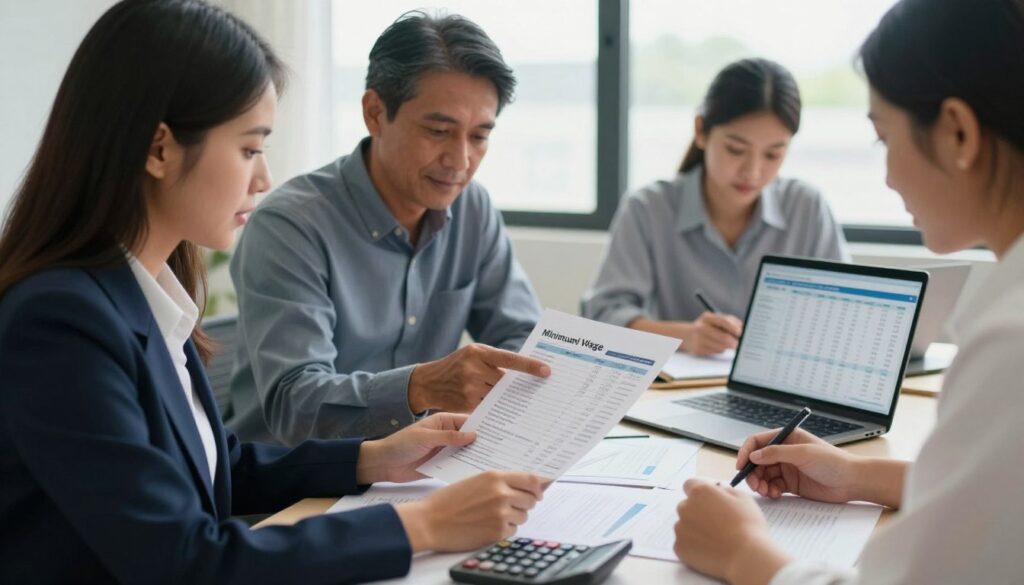 A professional office setting showcasing a diverse group of individuals focused on reviewing payroll documents related to Colombia's minimum wage and deductions. In the foreground, a young woman in smart business attire is analyzing a financial report, while a middle-aged man, also dressed professionally, points at specific figures on the document. The middle area features a desk cluttered with papers, calculators, and a laptop displaying a spreadsheet of salary deductions. In the background, a large window allows soft, natural light to fill the room, enhancing the productive atmosphere. The color palette is warm and inviting, suggesting a collaborative work environment dedicated to financial transparency. No text or overlays present. A professional office setting showcasing a diverse group of individuals focused on reviewing payroll documents related to Colombia's minimum wage and deductions. In the foreground, a young woman in smart business attire is analyzing a financial report, while a middle-aged man, also dressed professionally, points at specific figures on the document. The middle area features a desk cluttered with papers, calculators, and a laptop displaying a spreadsheet of salary deductions. In the background, a large window allows soft, natural light to fill the room, enhancing the productive atmosphere. The color palette is warm and inviting, suggesting a collaborative work environment dedicated to financial transparency. No text or overlays present.