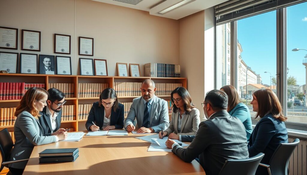 A professional setting illustrating the validation of academic degrees for working in Spain. In the foreground, a diverse group of individuals in business attire is gathered around a large table, reviewing documents. The middle ground features an official-looking office filled with shelves of law books and certificates displayed on the walls, giving a sense of authority and legitimacy. In the background, a window with a view of a sunny Spanish street, with clear blue skies, adds to the atmosphere of opportunity. The lighting is bright and natural, emphasizing the optimism of the scene. The composition captures a sense of collaboration and determination as these individuals navigate the process of homologating their professional titles.