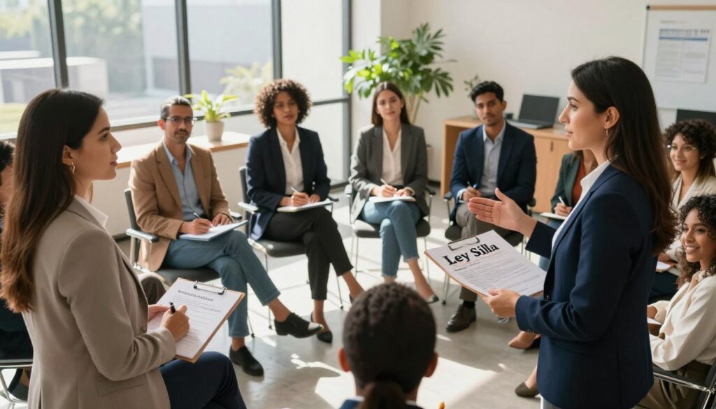 A professional setting showcasing a panoramic view of a diverse group of business people engaged in a discussion about labor rights, symbolizing the impact of the "Ley Silla" in Mexico. In the foreground, a confident female lawyer gestures as she presents a chart illustrating new labor rights, dressed in professional business attire. In the middle, a diverse group of individuals, including men and women of various ethnic backgrounds, attentively listen and take notes, all in formal or smart casual attire. In the background, the office environment has large windows with sunlight streaming in, casting soft shadows, filled with plants and modern furniture to create a warm, engaging atmosphere. The image conveys a sense of empowerment, collaboration, and the importance of discussing labor rights in a professional context. A professional setting showcasing a panoramic view of a diverse group of business people engaged in a discussion about labor rights, symbolizing the impact of the "Ley Silla" in Mexico. In the foreground, a confident female lawyer gestures as she presents a chart illustrating new labor rights, dressed in professional business attire. In the middle, a diverse group of individuals, including men and women of various ethnic backgrounds, attentively listen and take notes, all in formal or smart casual attire. In the background, the office environment has large windows with sunlight streaming in, casting soft shadows, filled with plants and modern furniture to create a warm, engaging atmosphere. The image conveys a sense of empowerment, collaboration, and the importance of discussing labor rights in a professional context.