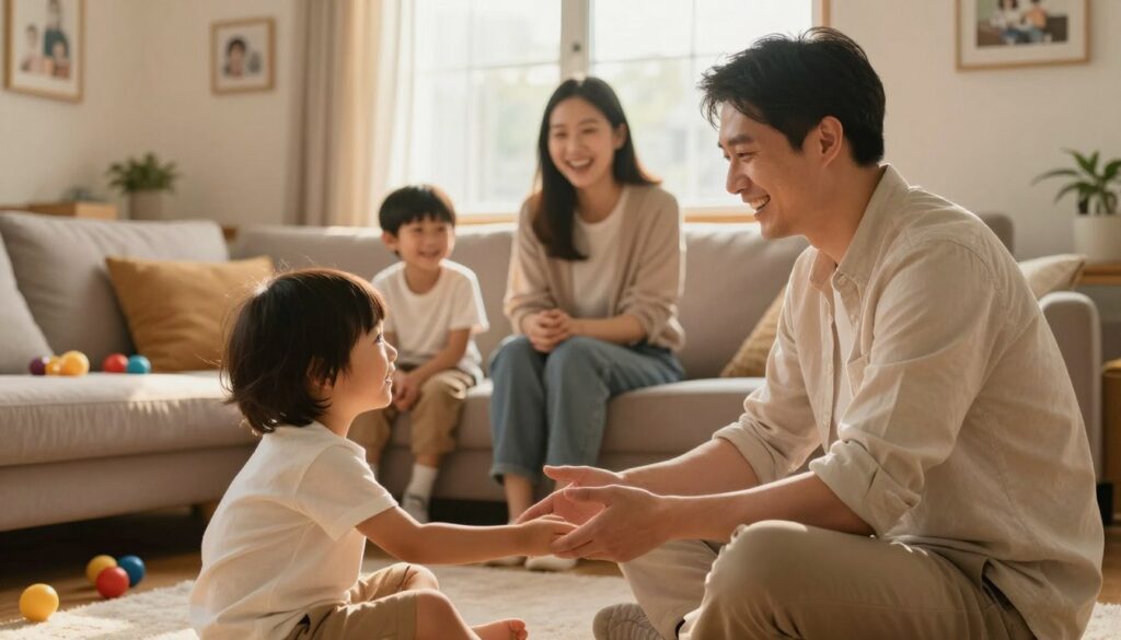 A warm and inviting family scene depicting the positive benefits of paternity leave. In the foreground, a father in professional casual attire is playfully interacting with his young children in a cozy living room, filled with toys and family photos. The middle ground features a mother, also in modest casual clothing, joyfully watching her family, embodying unity and love. In the background, a window lets in soft, golden sunlight, creating a warm ambiance that symbolizes hope and connection. The scene should evoke a sense of happiness and togetherness, showcasing the nurturing environment of a united family. The composition should be framed to emphasize the warmth of family interactions, capturing genuine smiles and playful moments, all in a soft focus to enhance the emotional atmosphere.